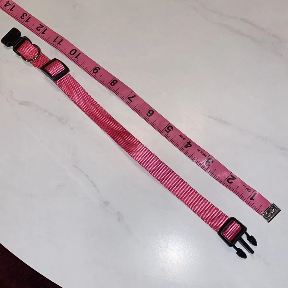 Pink pet collar, adjustable sizing, bright pink, black closure, .5” wide dog cat